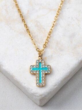 Plunder Gold-Tone Cross Necklace with Turquoise Resin Inlay ✝️